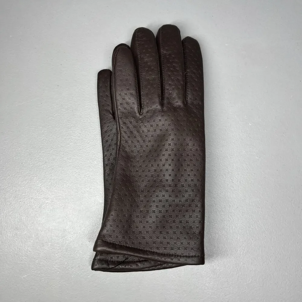 Perforated Leather Fleece Lined Gloves Brown Womens One Size Classic